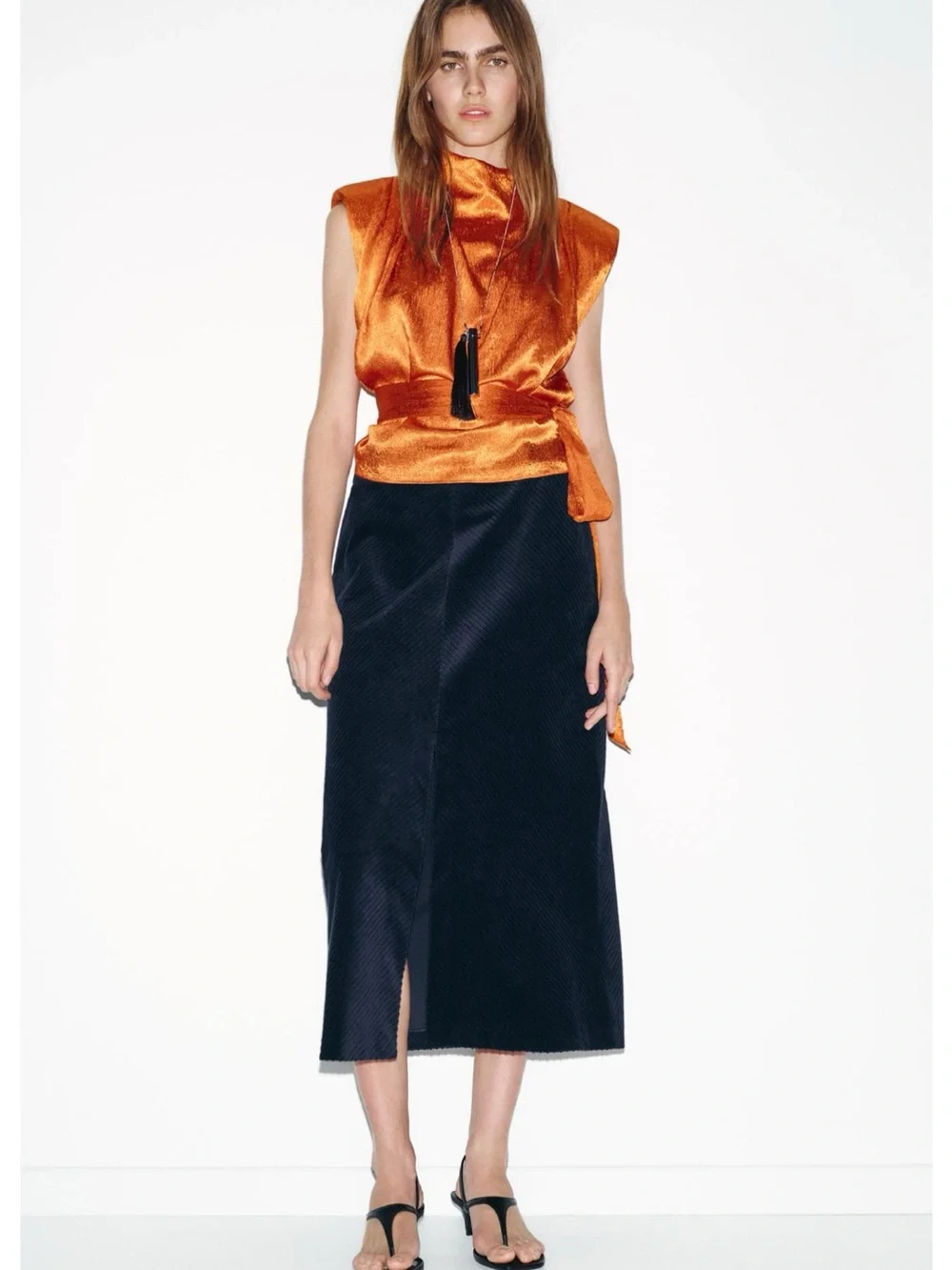 Zara Navy Blue Straight Cordury Midi Skirt